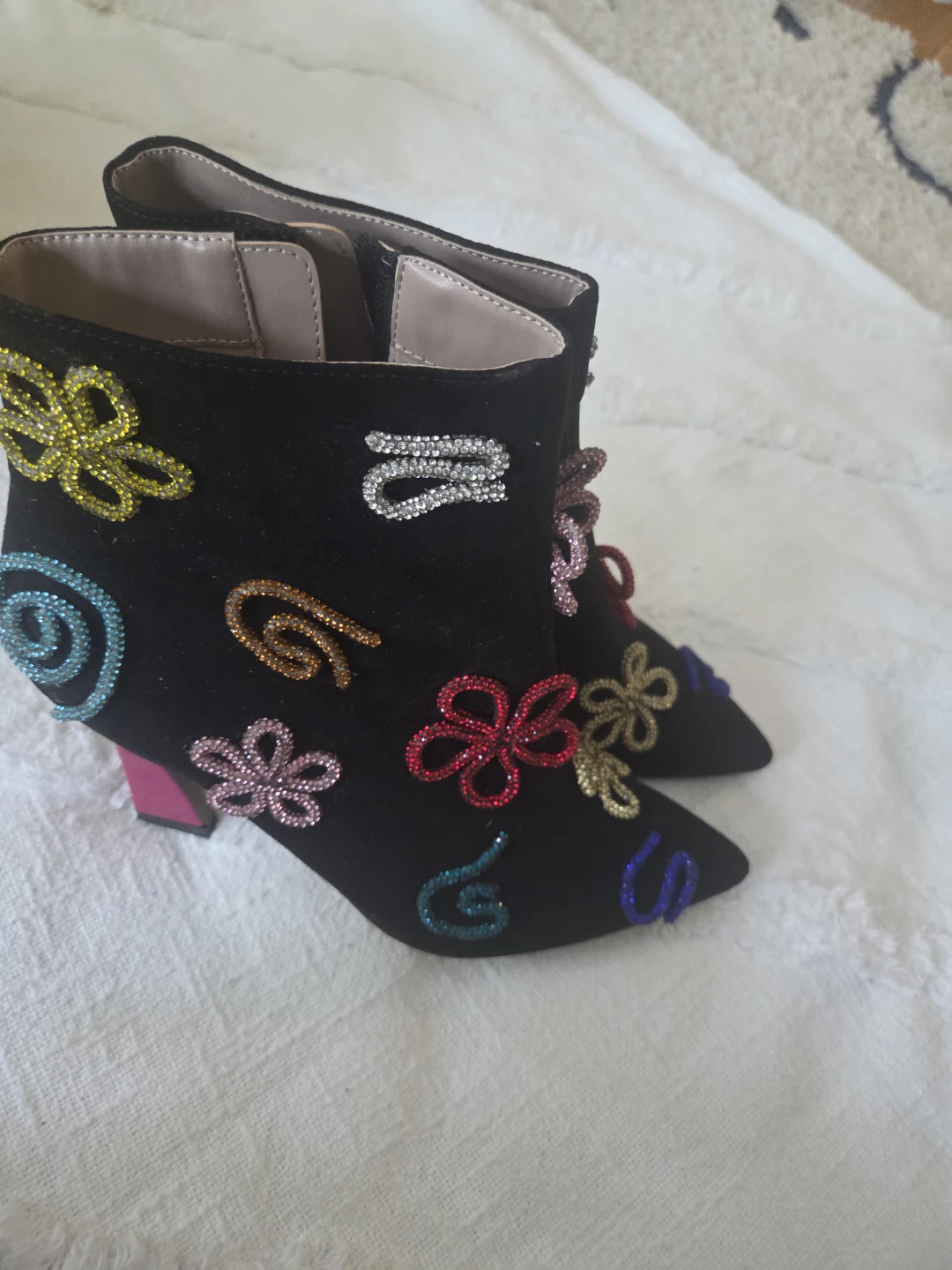 Black Heeled Ankle Boots with Rhinestone Accents