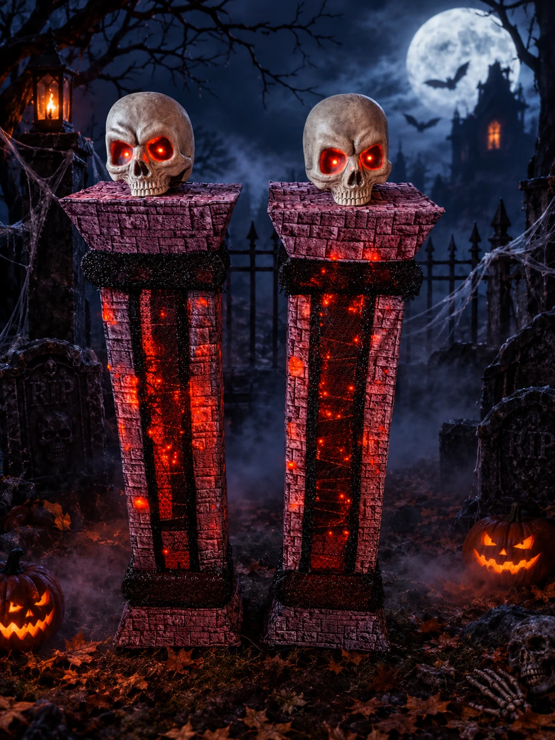 Lighted Halloween Skull Pillar Decorations - Pair