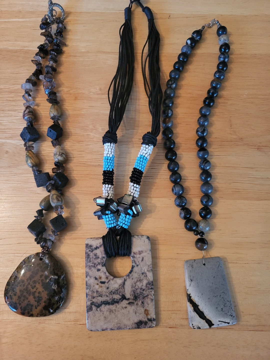 Three handcrafted stone and bead necklaces
