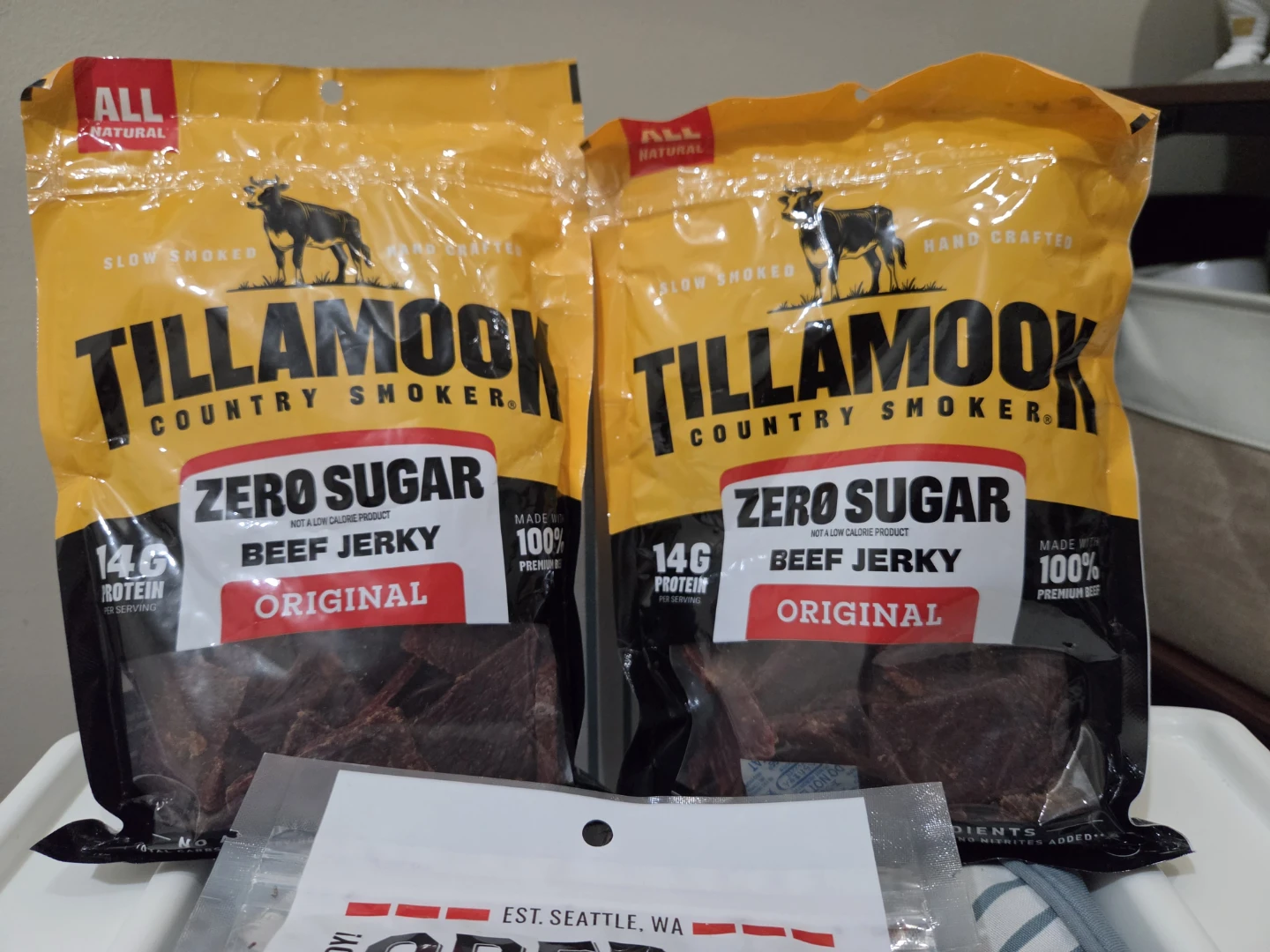 2 Tillamook Beef Jerky and 1 Oberto Peppered Jerky Bundle