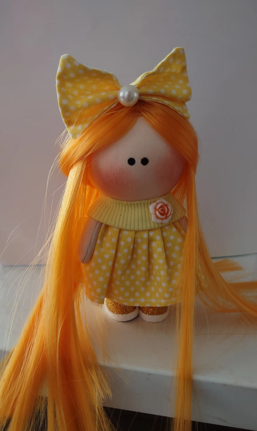 Handcrafted  mini cloth doll with yellow polka dot dress