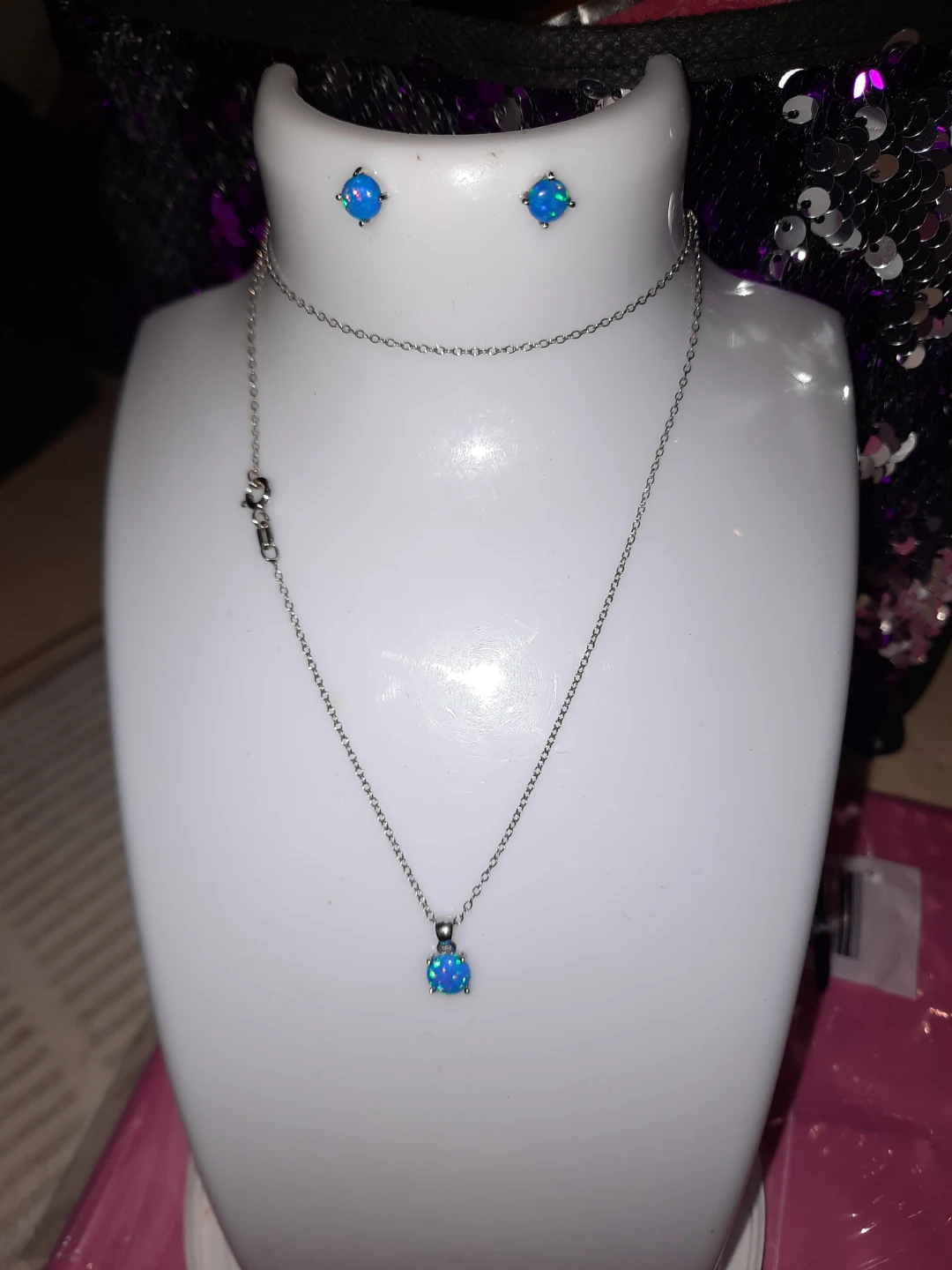 Sterling Silver Blue Opal Necklace & Earring Set