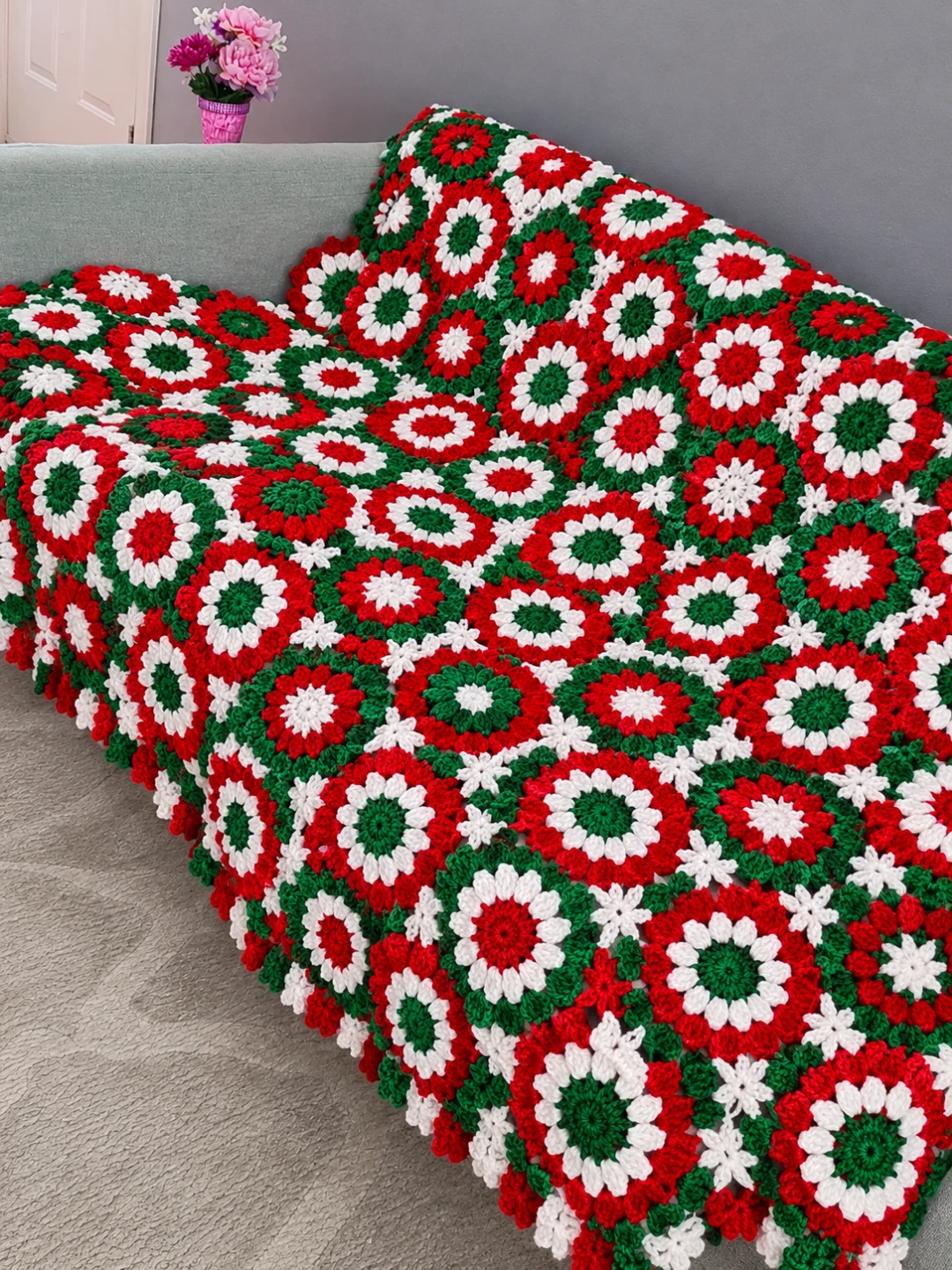 Hand-Crocheted Christmas Granny Square Throw