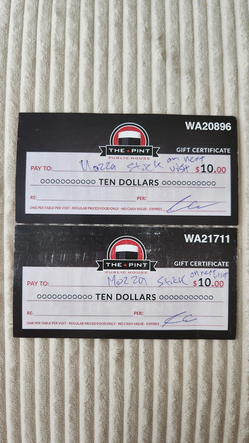 Two The Pint Public House 10 Dollar Gift Certificates