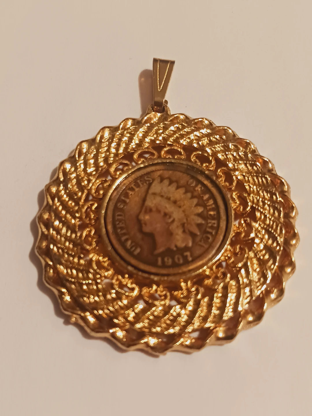 1907 Indian Head Cent Gold Tone Pendant