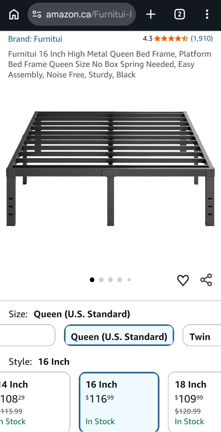 Furnitui 16 Inch Queen Metal Platform Bed Frame
