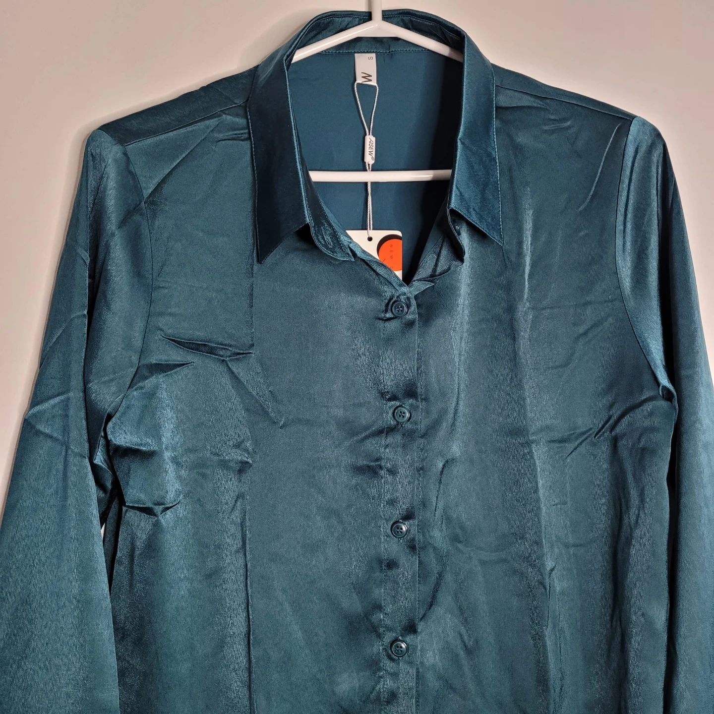 Aisew Satin Long Sleeve Blouse - Green - Small - photo 4