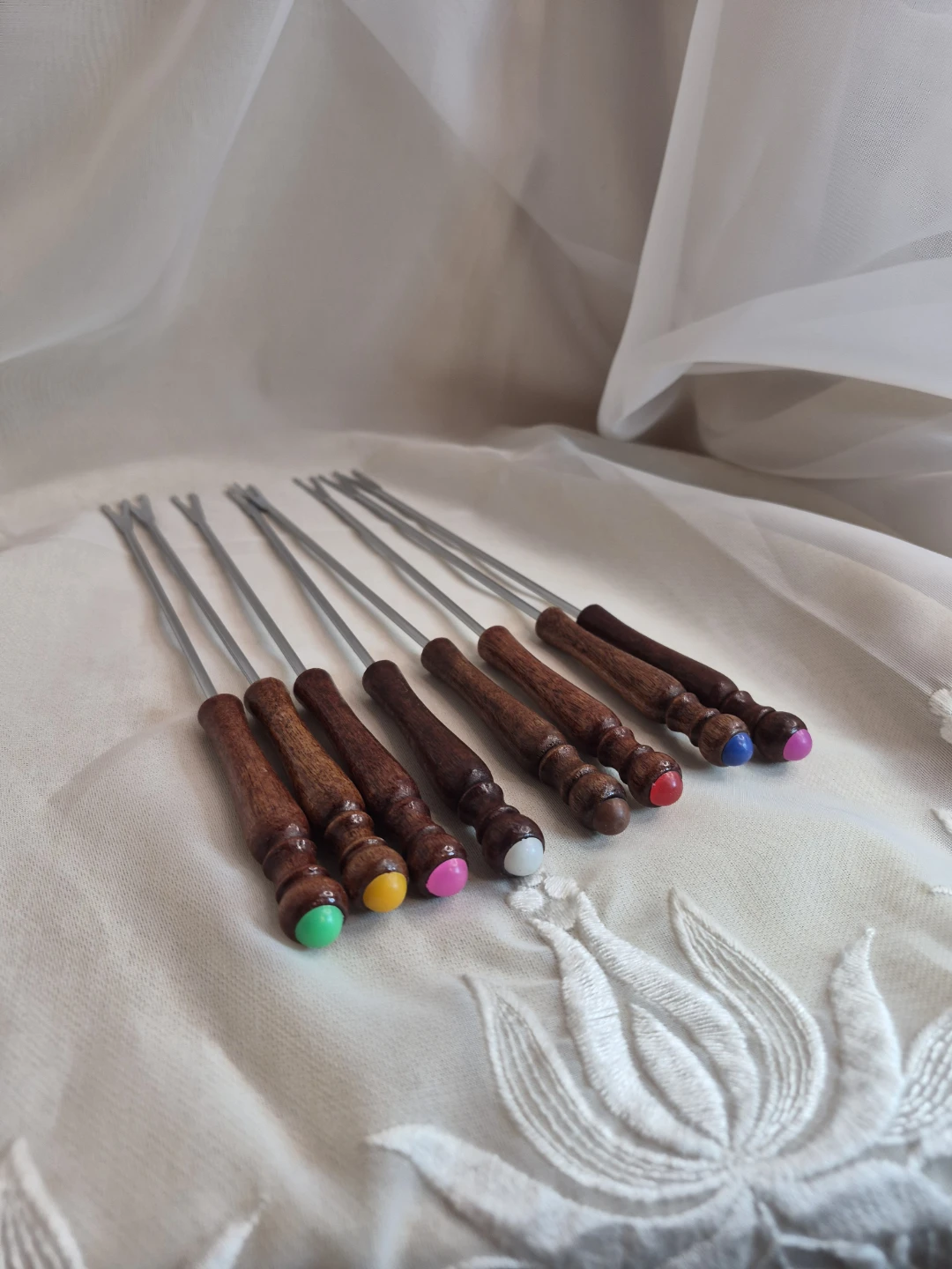 Set of 8 MCM Stainless Steel & Wooden Fondue Forks - Brand New - photo 5