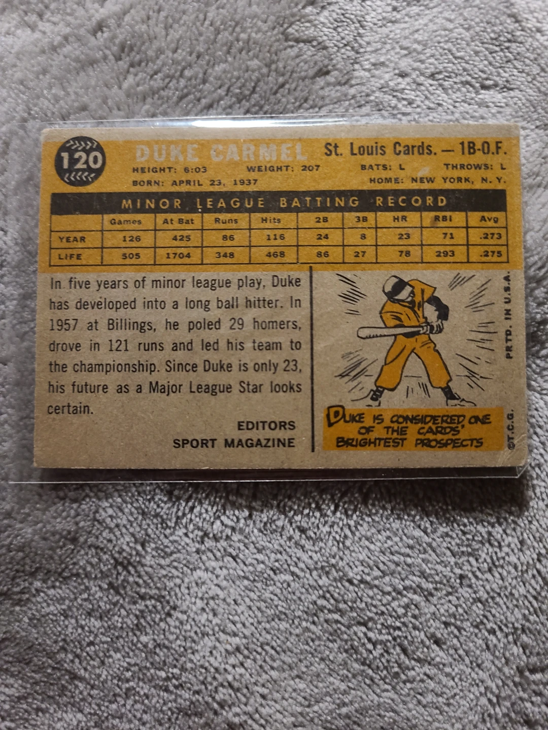 1960 Sport Magazine Rookie Star Duke Carmel Baseball Card - photo 2