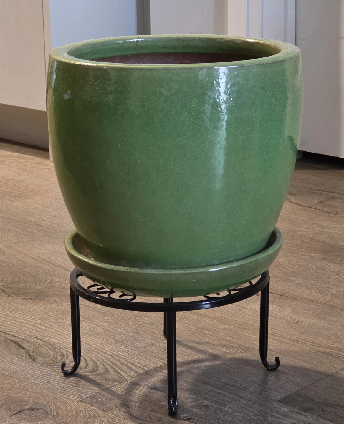 Large Green Ceramic Planter with Stand