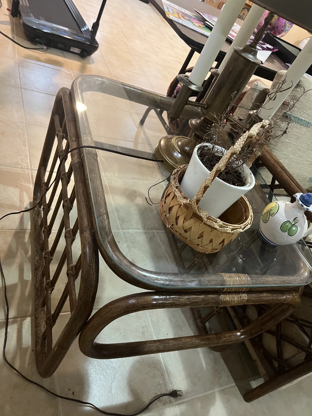 Vintage Rattan Side Table with Glass Top - photo 2