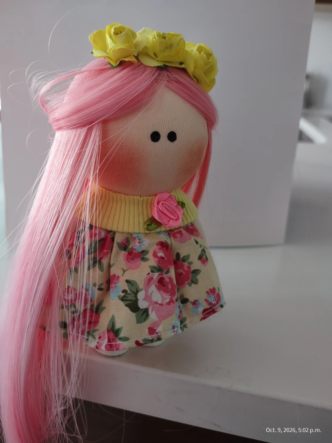 Handcrafted mini Cloth Doll with Pink Hair - photo 5