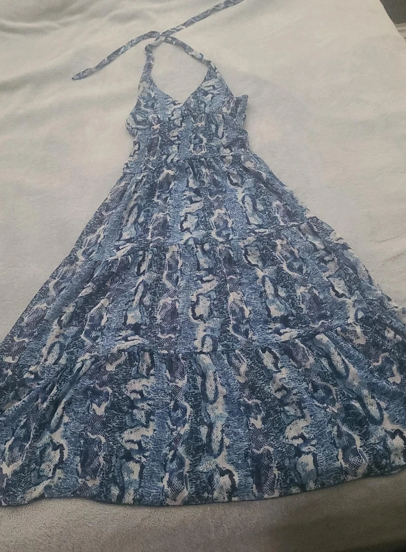 Blue Snake Print Halter Maxi Dress