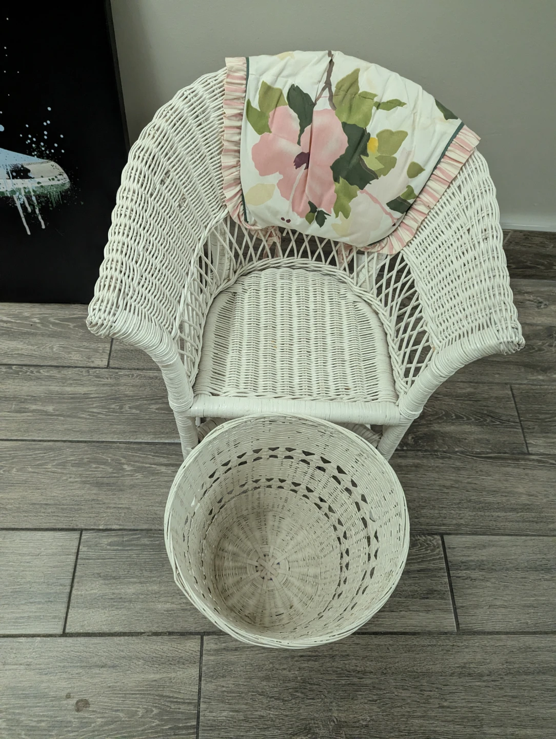 White Wicker Children's Rocking Chair and Basket Set