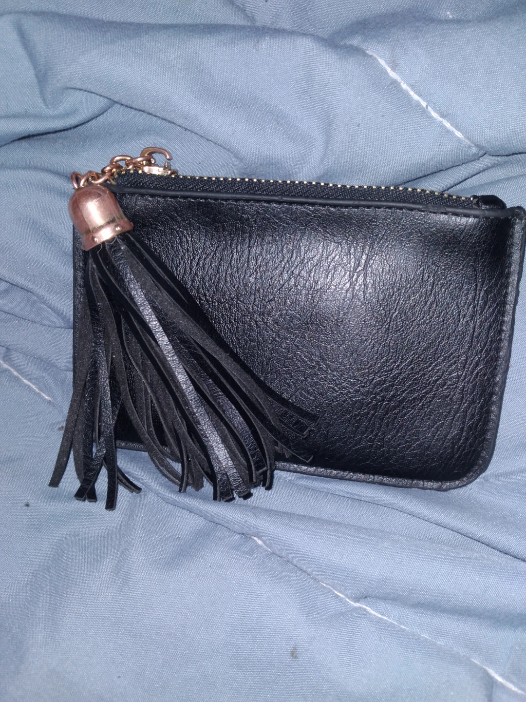 Black Zippered Wallet with Tassel