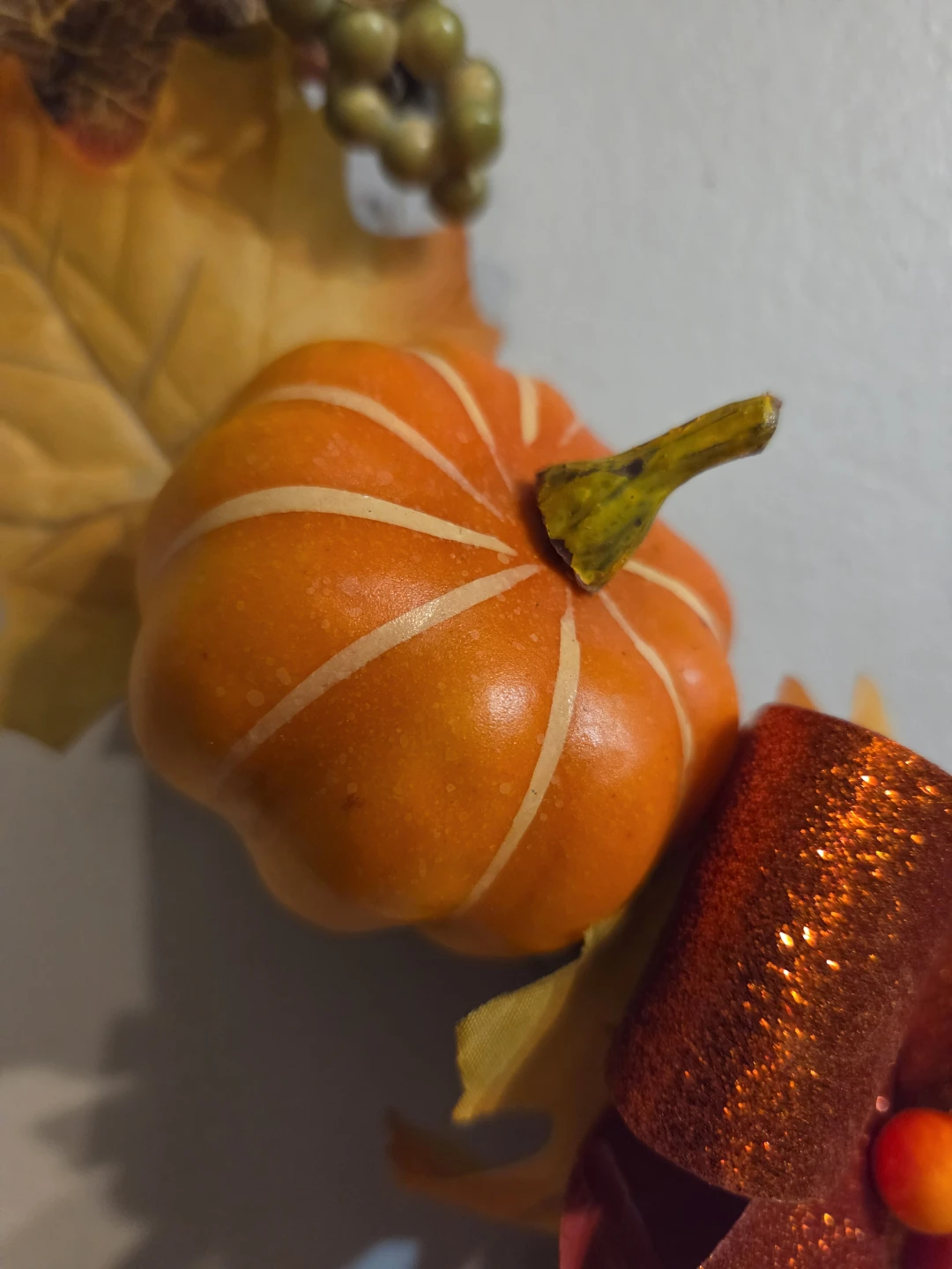 Autumn Fall Leaves Wreath with Pumpkin & Bow 12" - photo 5