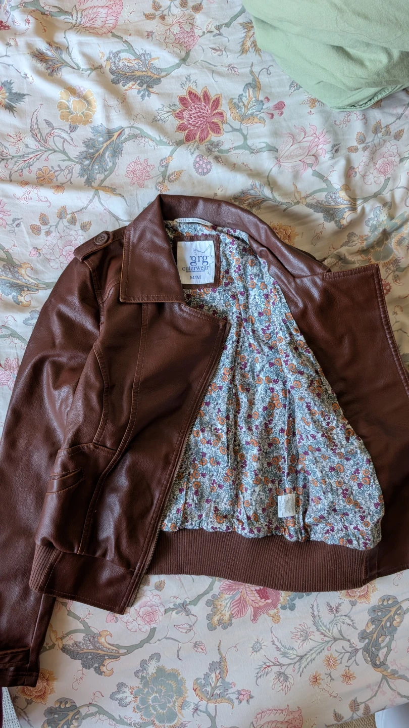 brown faux leather jacket with floral print - photo 4