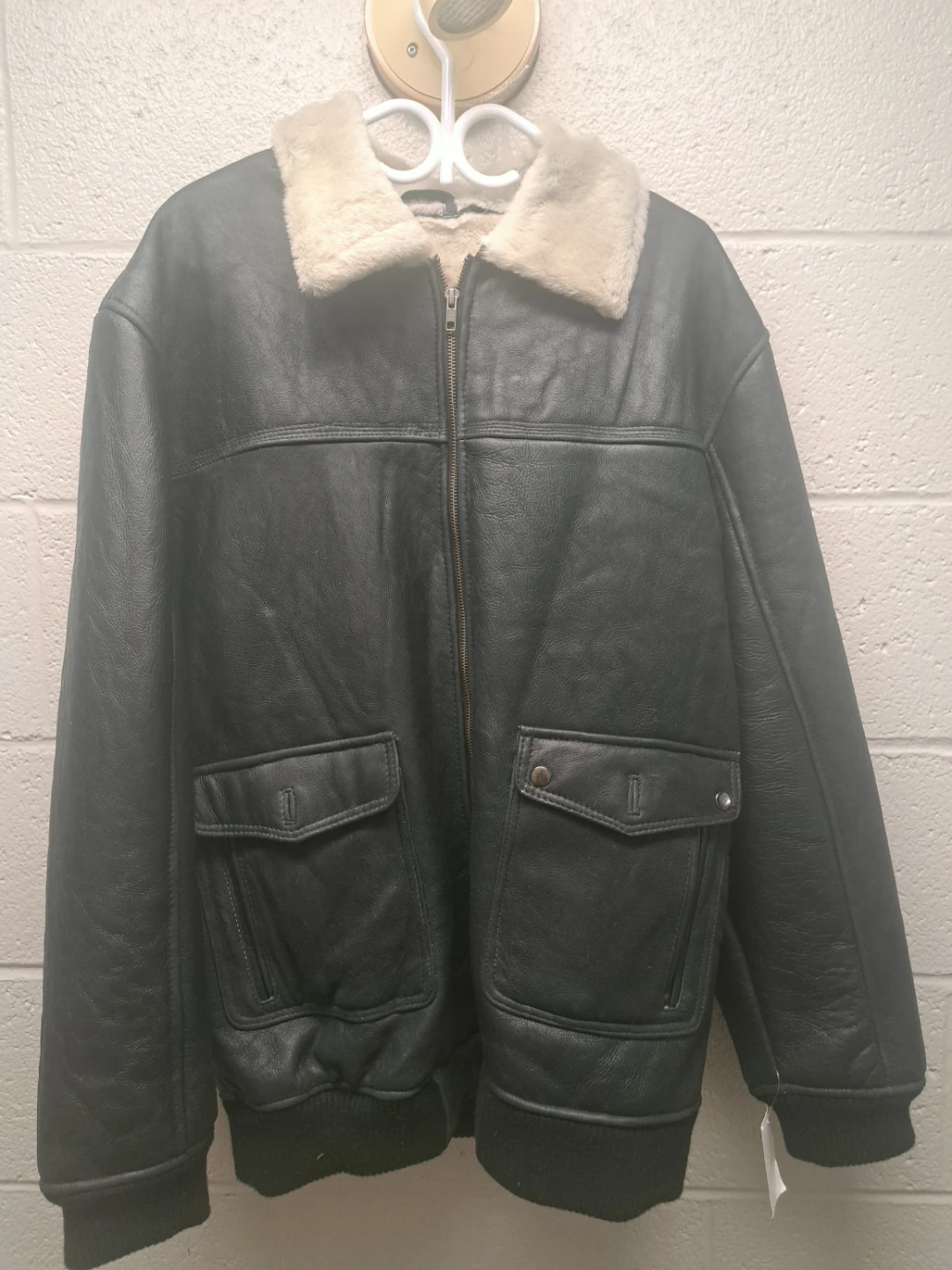 Black/Blue Leather Bomber Jacket with Sheep Wool fur lining