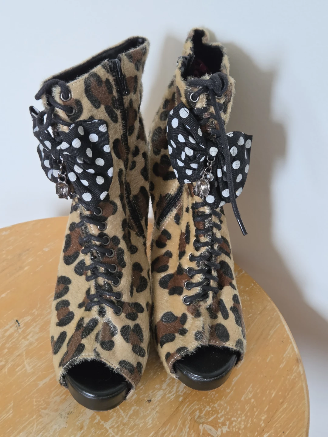 Leopard Print Lace-Up Peep-Toe Booties - photo 3