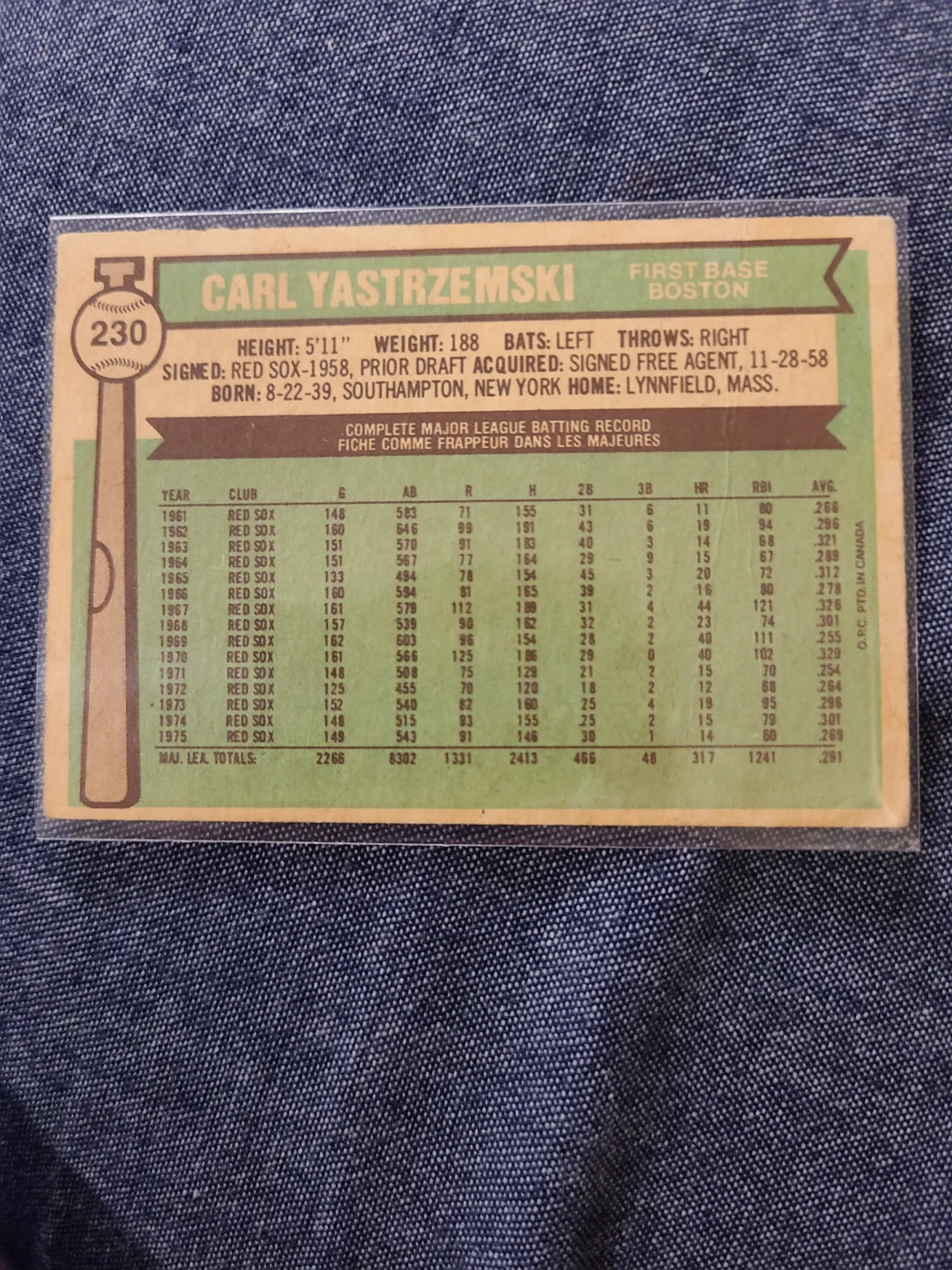 1976 O-Pee-Chee Carl Yastrzemski Baseball Card - photo 2