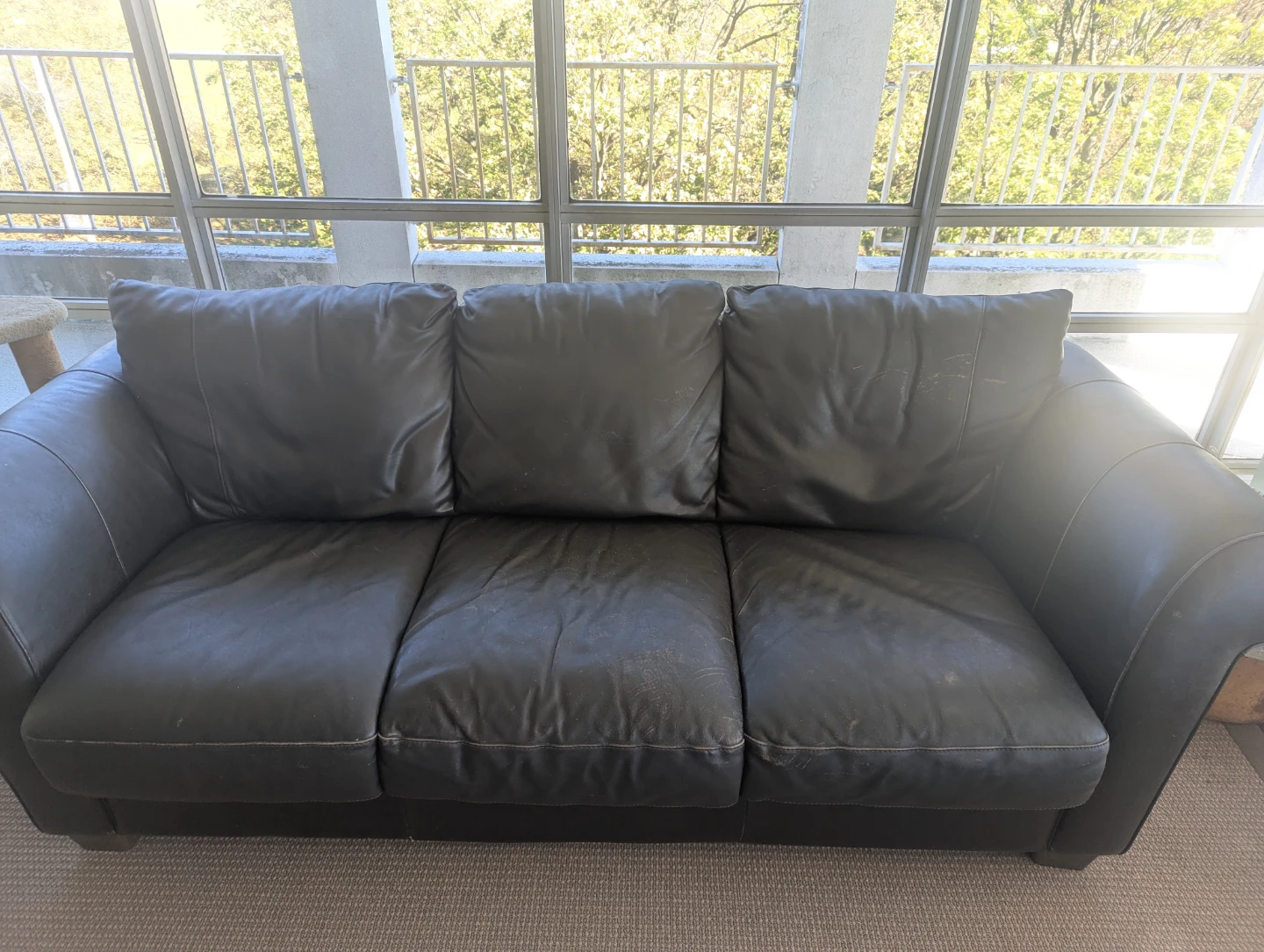 Black Leather Three-Seater Pull-out Sofa