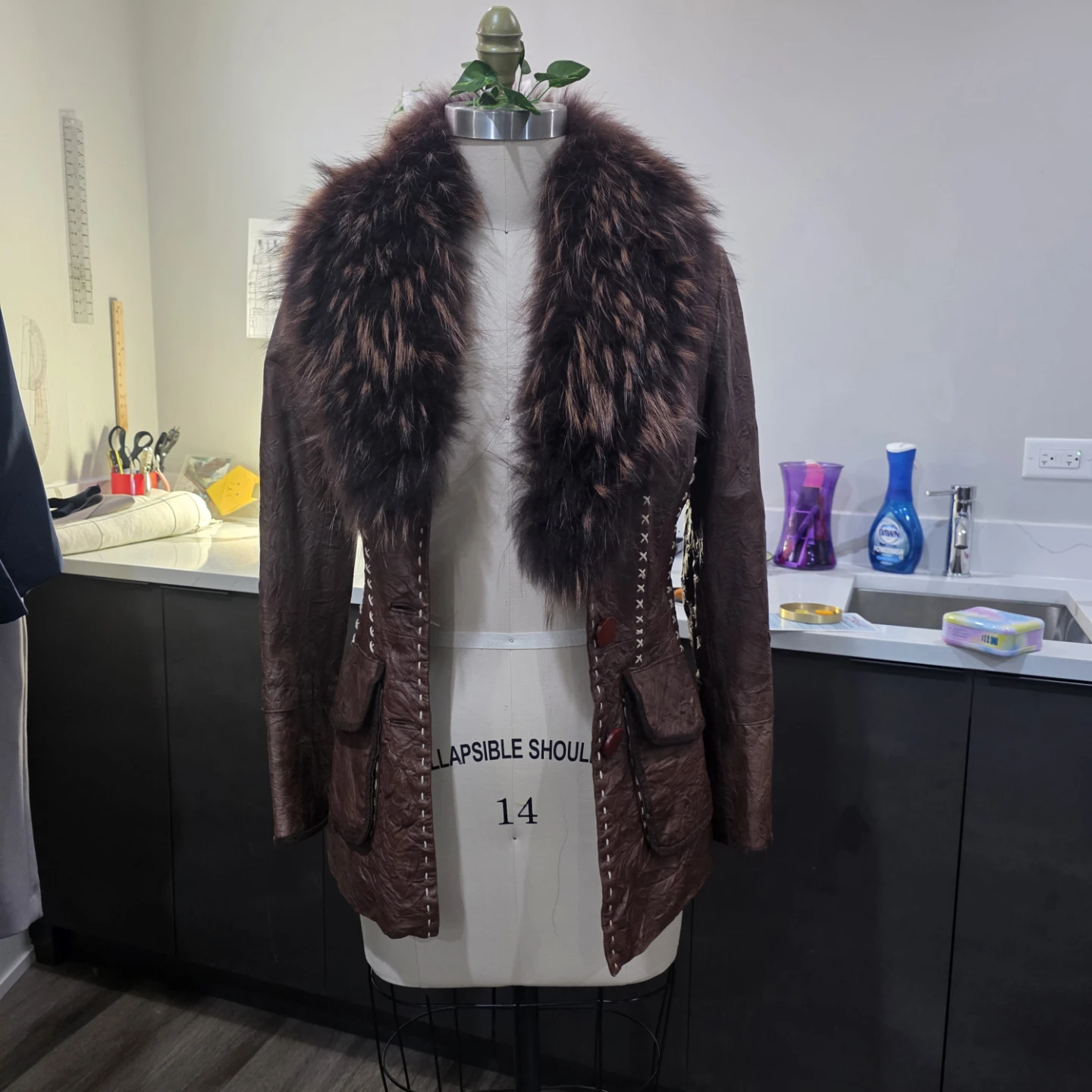 Brown Leather Jacket with Reattachable Fur Collar