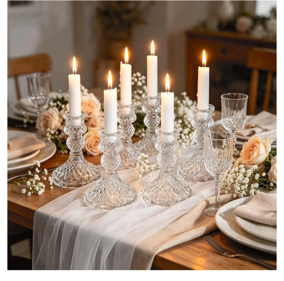 6 Pc Clear Glass Candlestick Holders