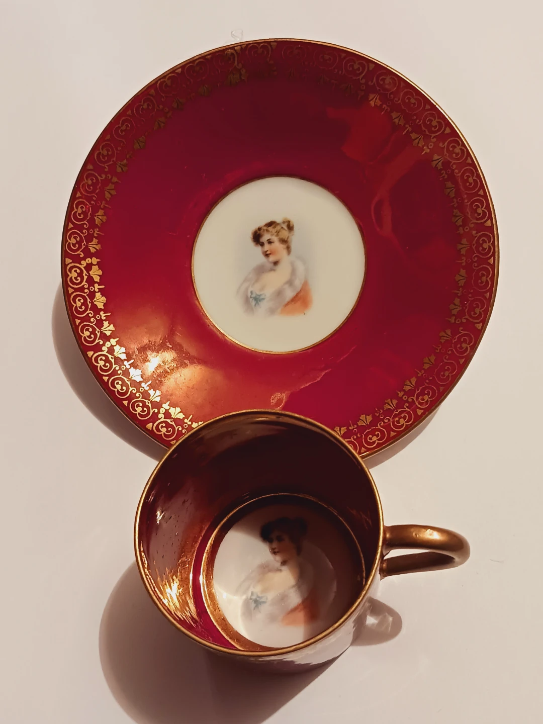 Antique 22K Gold Handpainted Portrait Cup & Saucer Espresso Set - photo 3