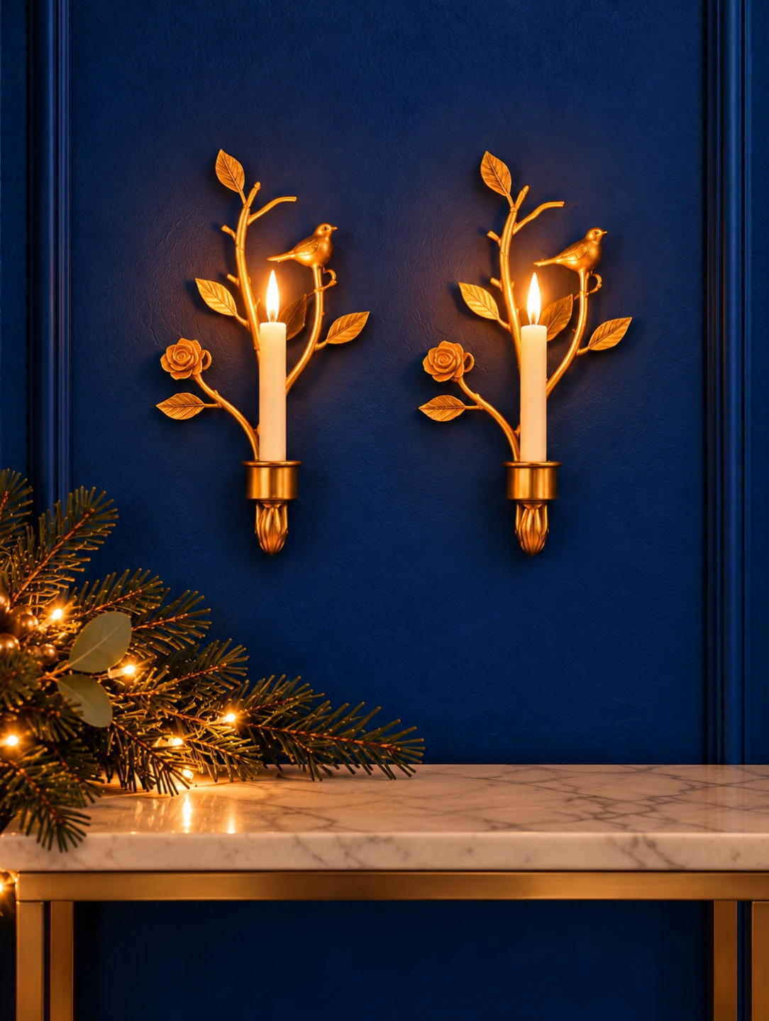 Set of 2 Gold Floral and Bird Branch Wall Candle Holders