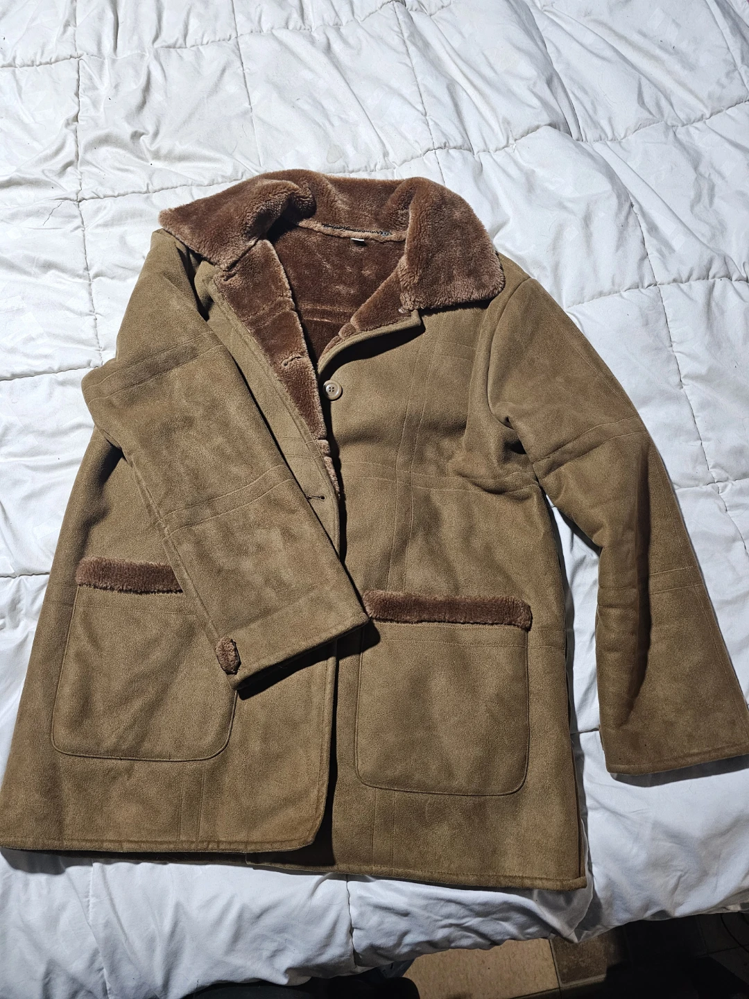 Tan Faux Suede Shearling Coat