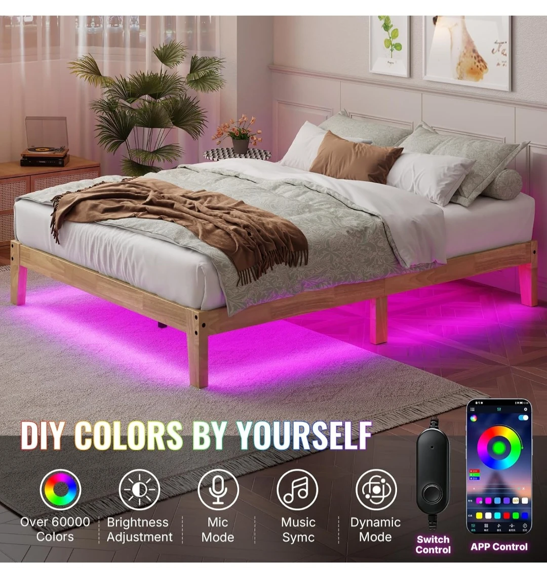 King Wooden Bed Frame with LED Lighting - photo 3