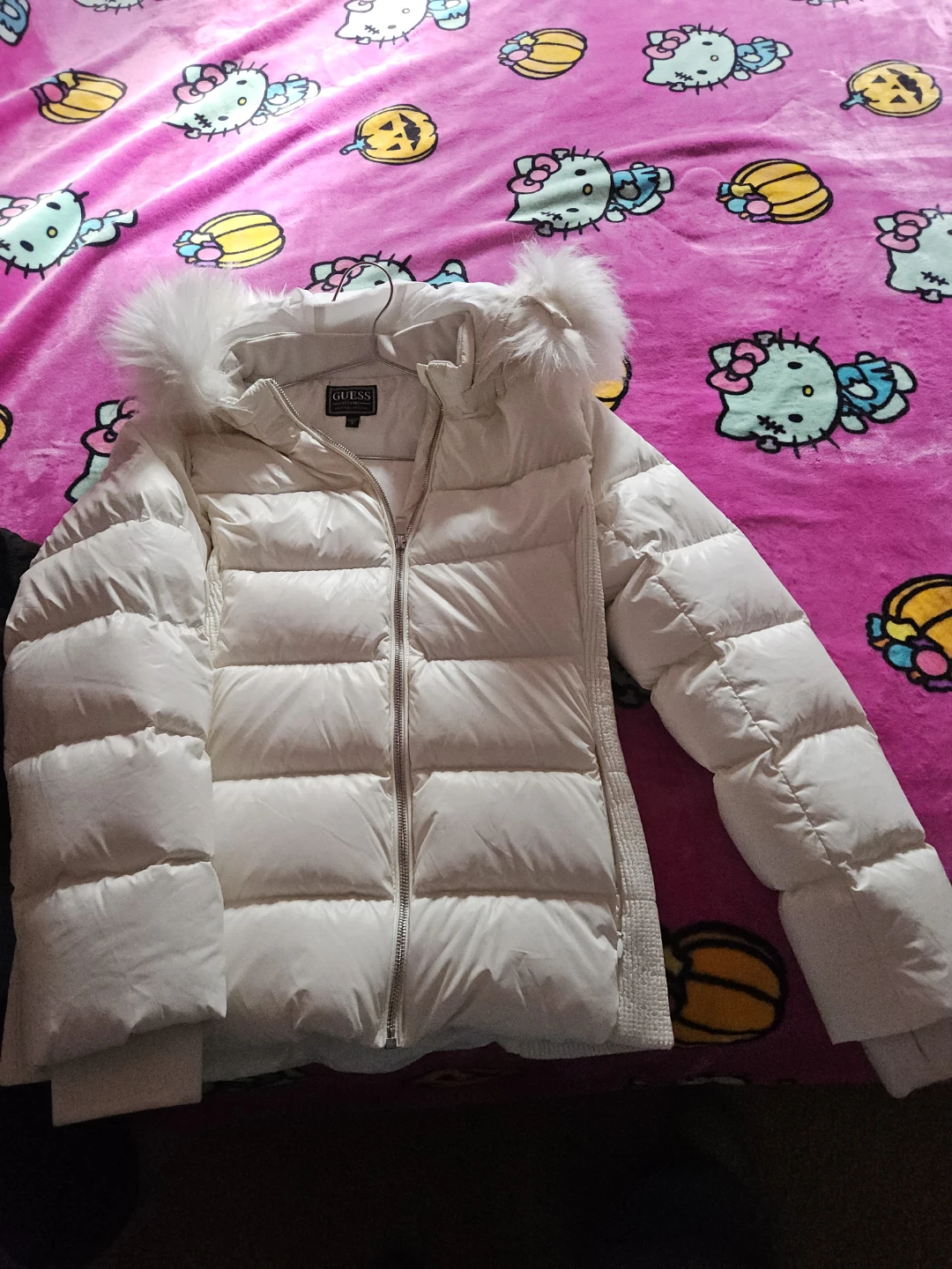 Guess White Puffer Jacket with Faux Fur Hood