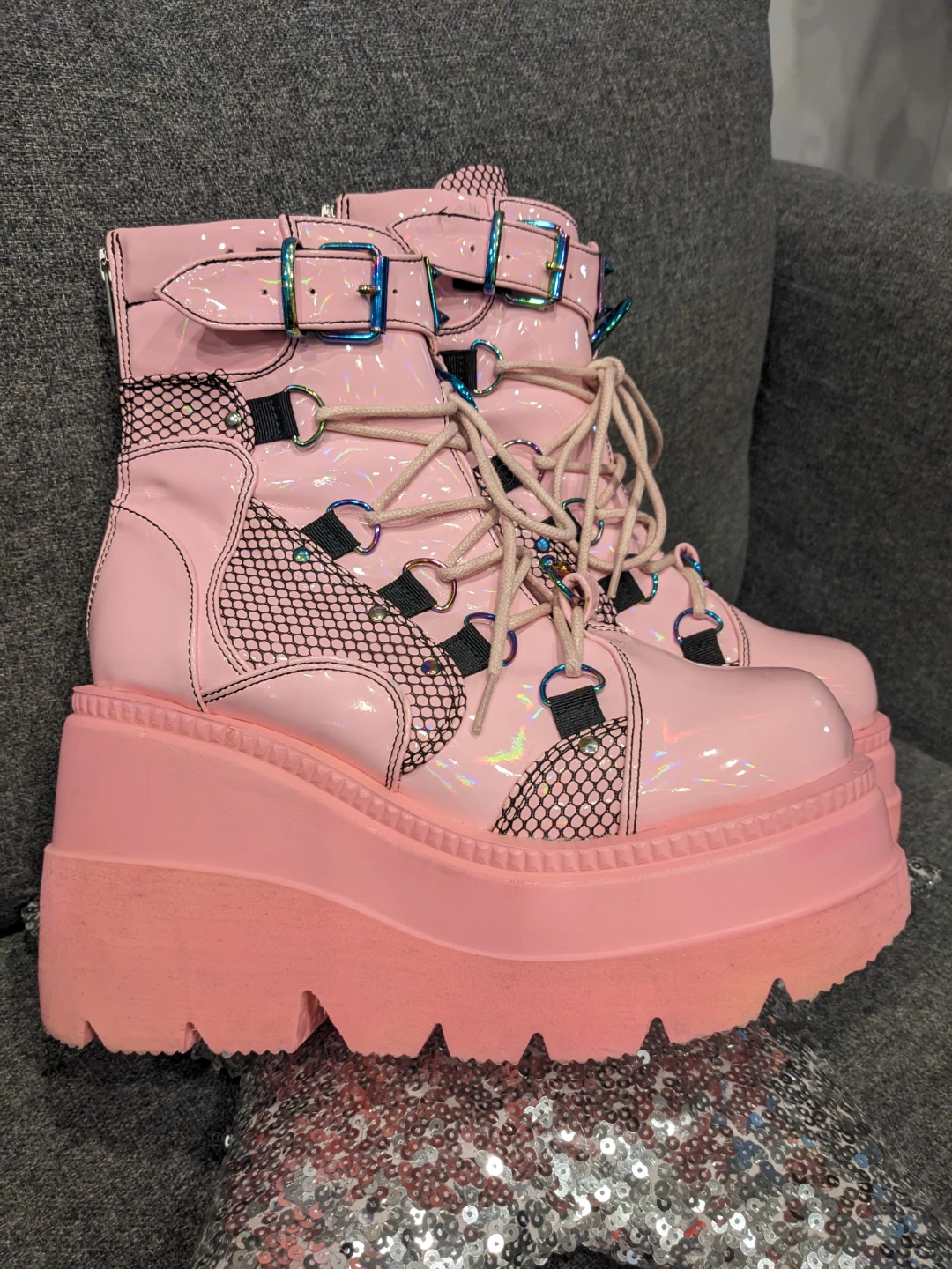 Demonia Shaker 60 pink black mesh rainbow metal platform boots