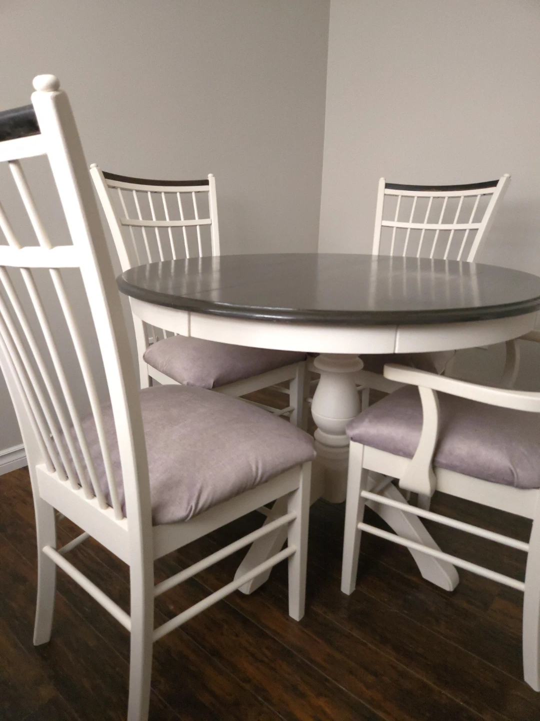 Refinished pedestal set — soft cream base, dark stained top