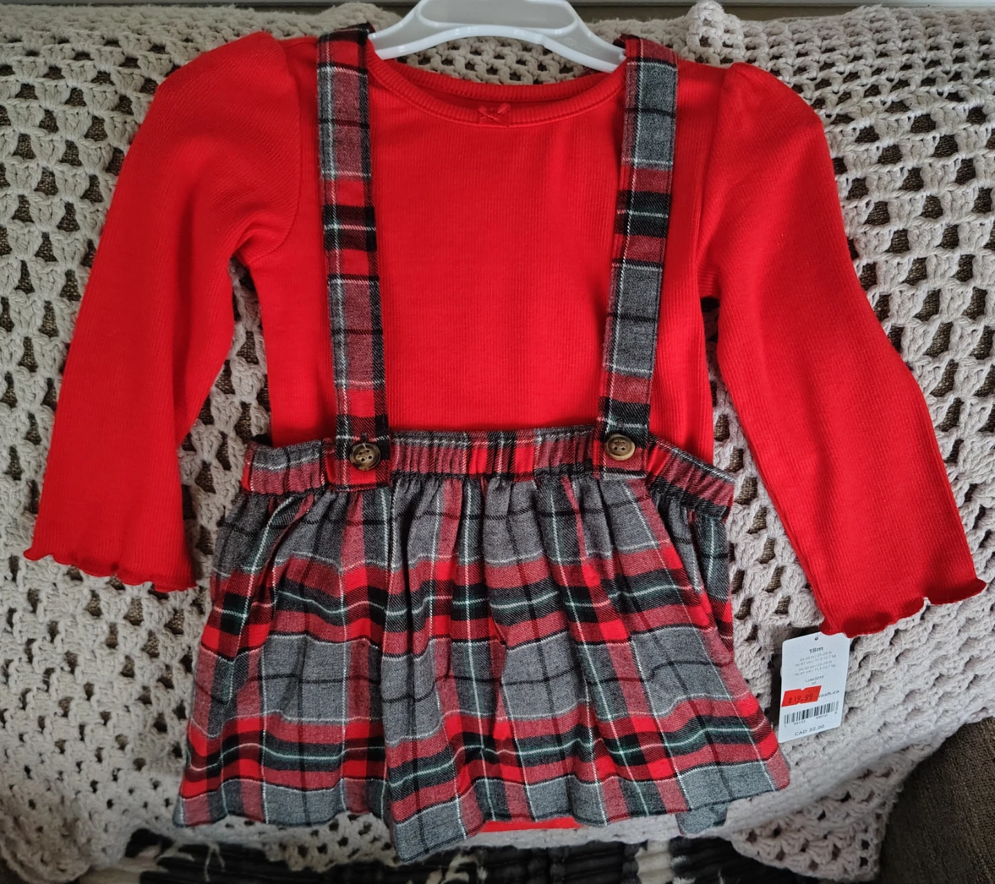 New 18M Carter's red plaid jumper dress set
