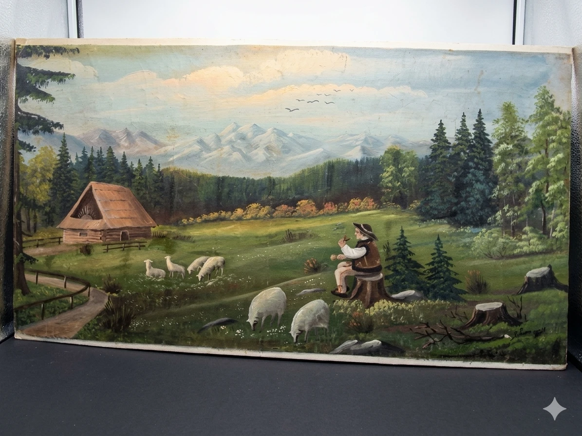 Fine Vintage European Folk Art Oil on Canvas