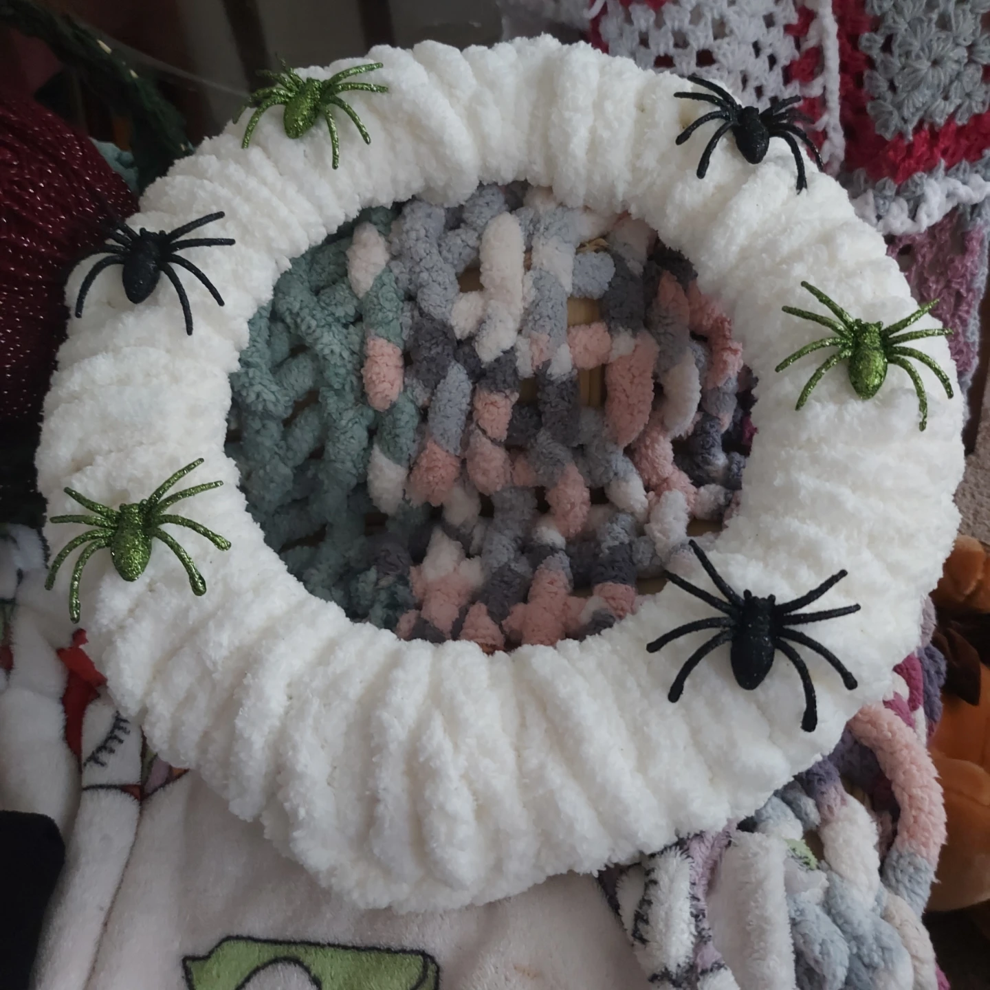 Handmade White Yarn Wreath with Spiders