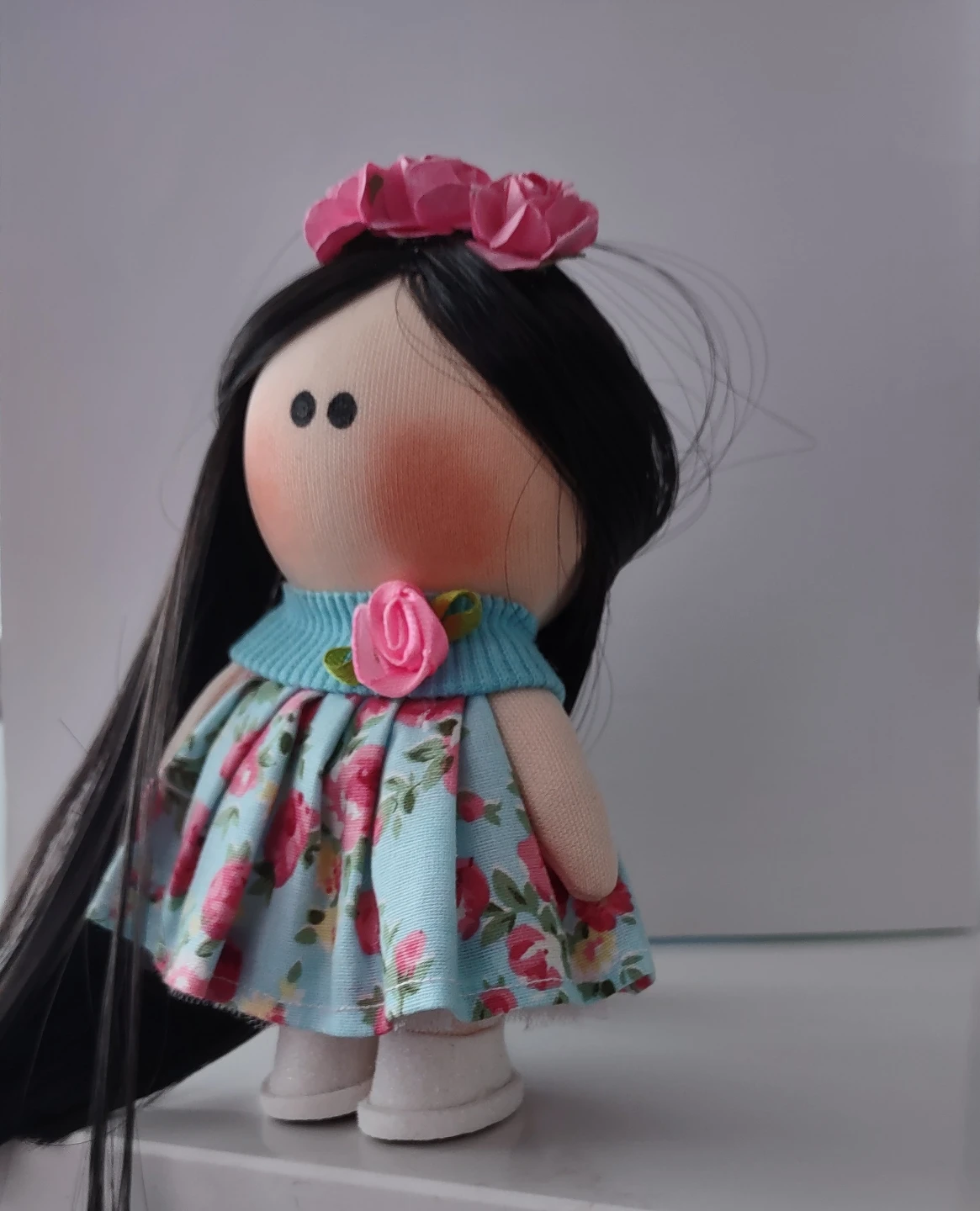 Handcrafted mini cloth doll with floral dress - photo 5