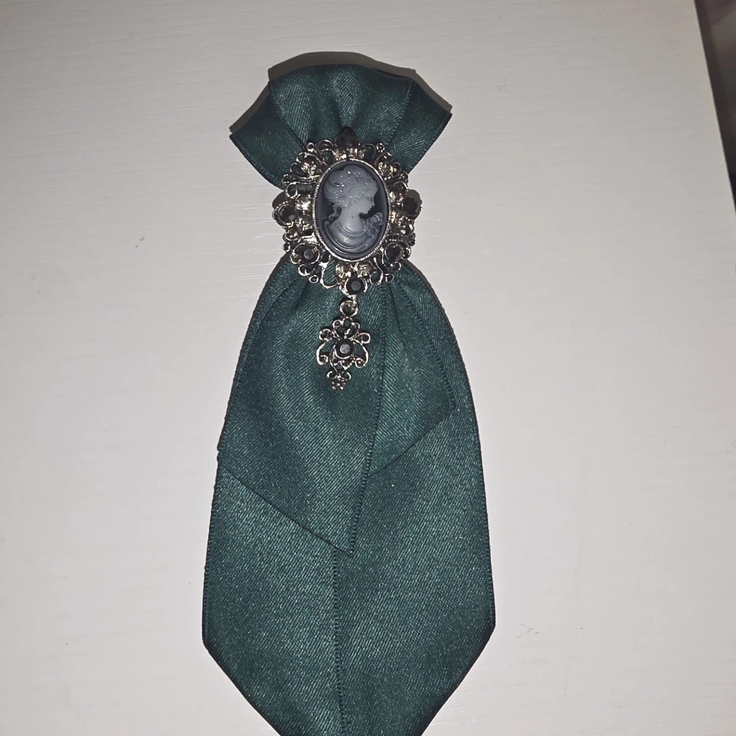 Dark Green Ribbon Brooch with Cameo