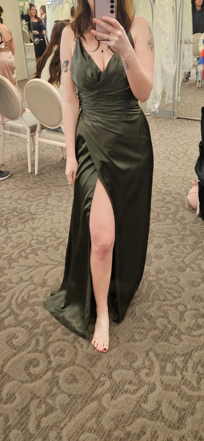 Olive Green Satin Floor-Length Gown, Size 2