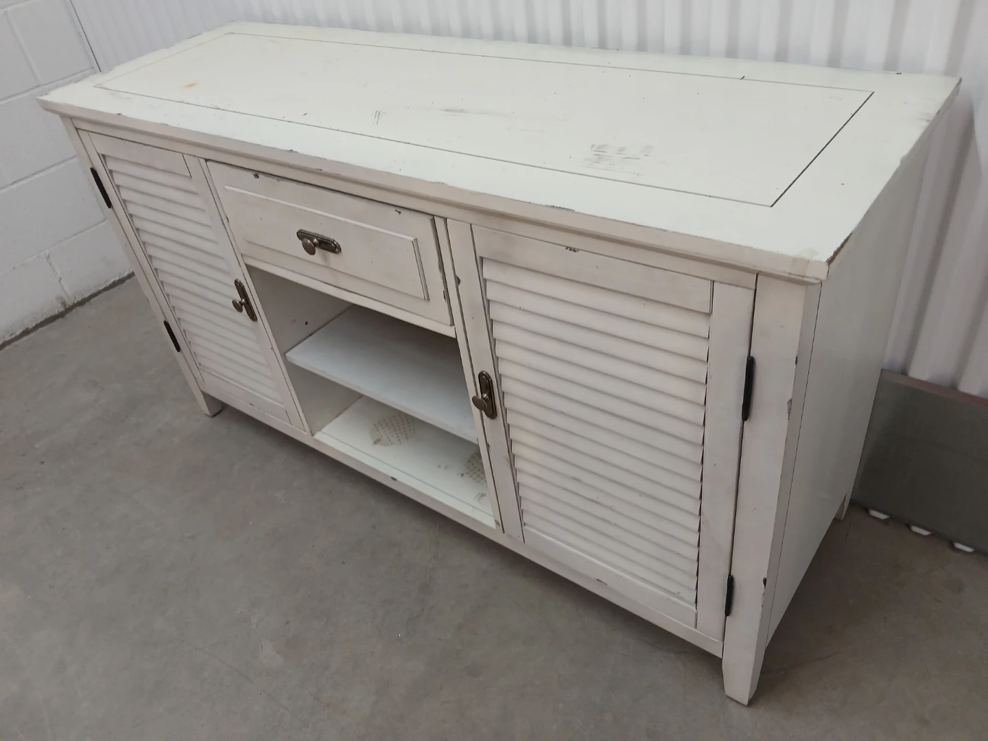 White Louvered 2 Door TV Stand with shelves