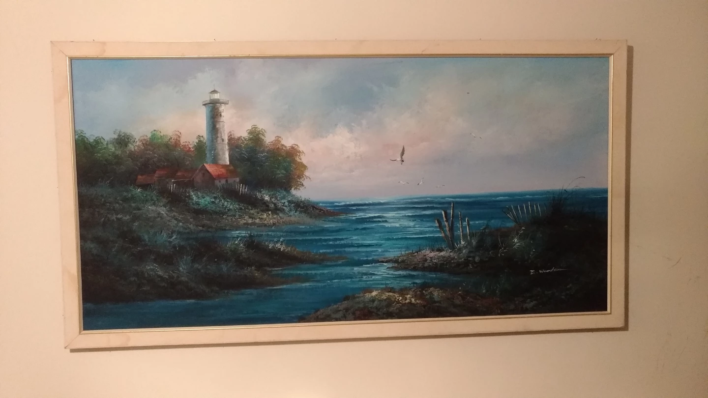 E. Woodson Lighthouse Oil Painting
