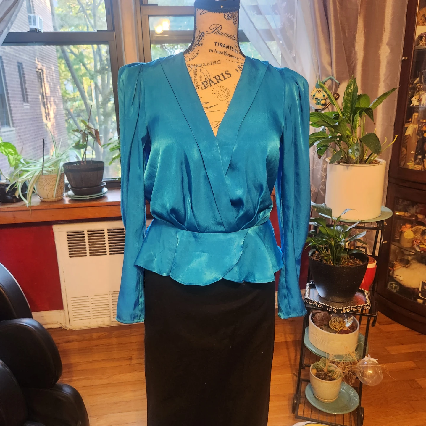 DKNY Vibrant Blue Satin Faux Wrap Blouse with Puff Sleeves