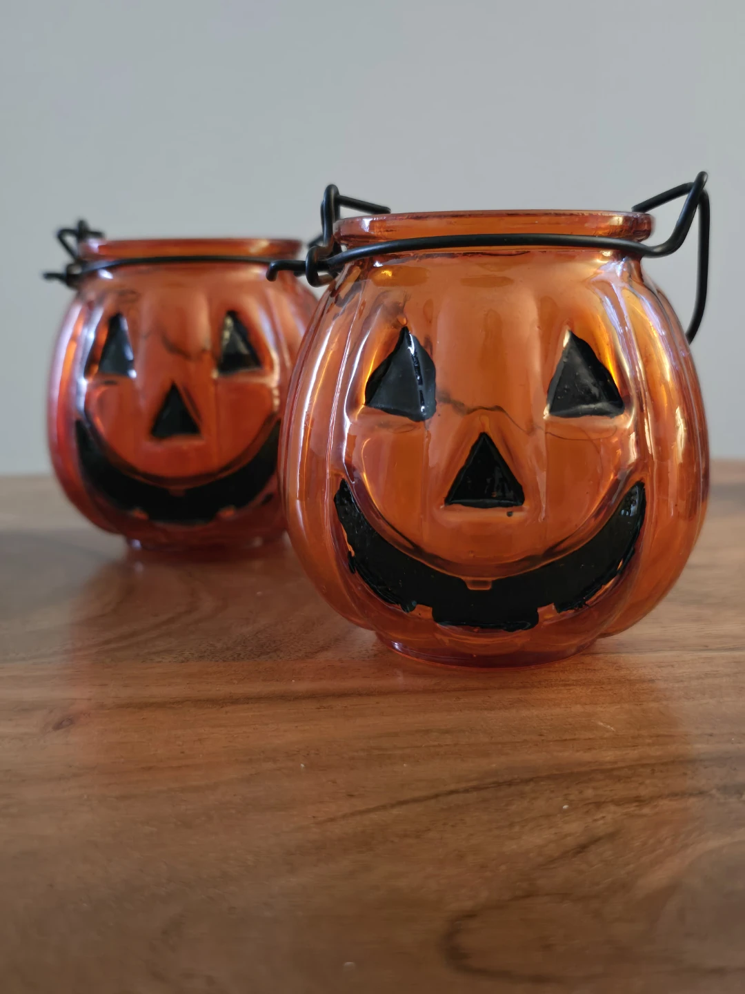 Set of Two Halloween Glass Pumpkin Tealight Holders