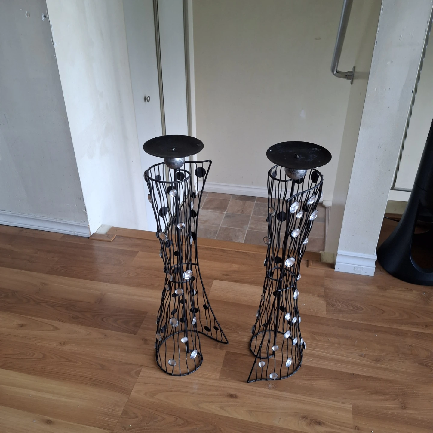 Set of Two Tall Black Metal Candle Holders