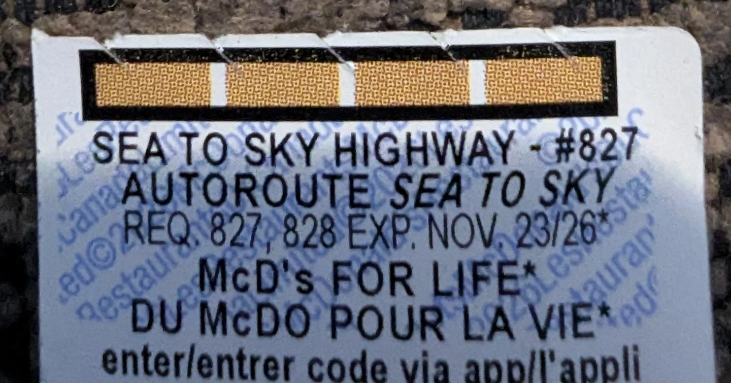 McDonald's Monopoly Sea to Sky Highway #827 Game Piece - photo 2