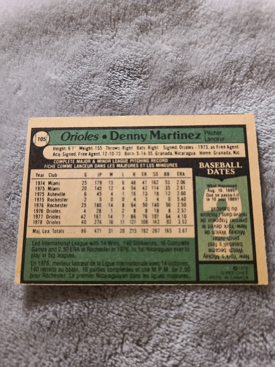 1979 O-Pee-Chee Denny Martinez Baseball Card - photo 2