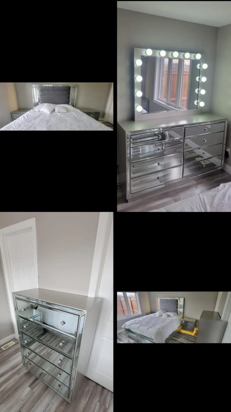 Mirrored Bedroom Set: Dresser, Mirror, and 2 Nightstands