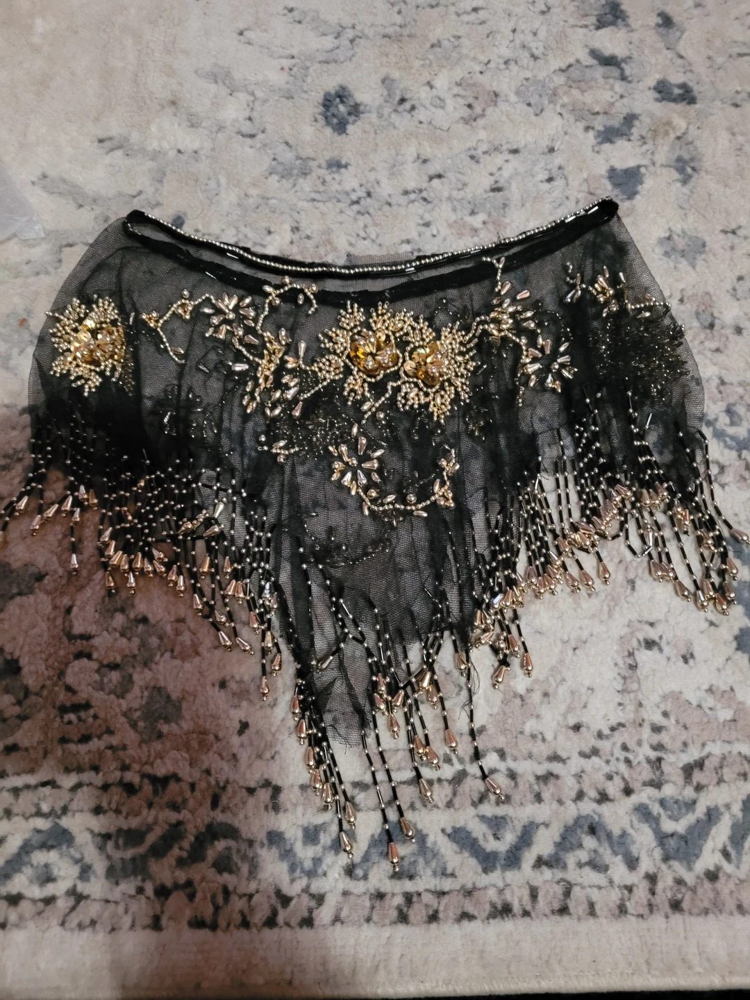 Black and gold beaded dance hip scarf