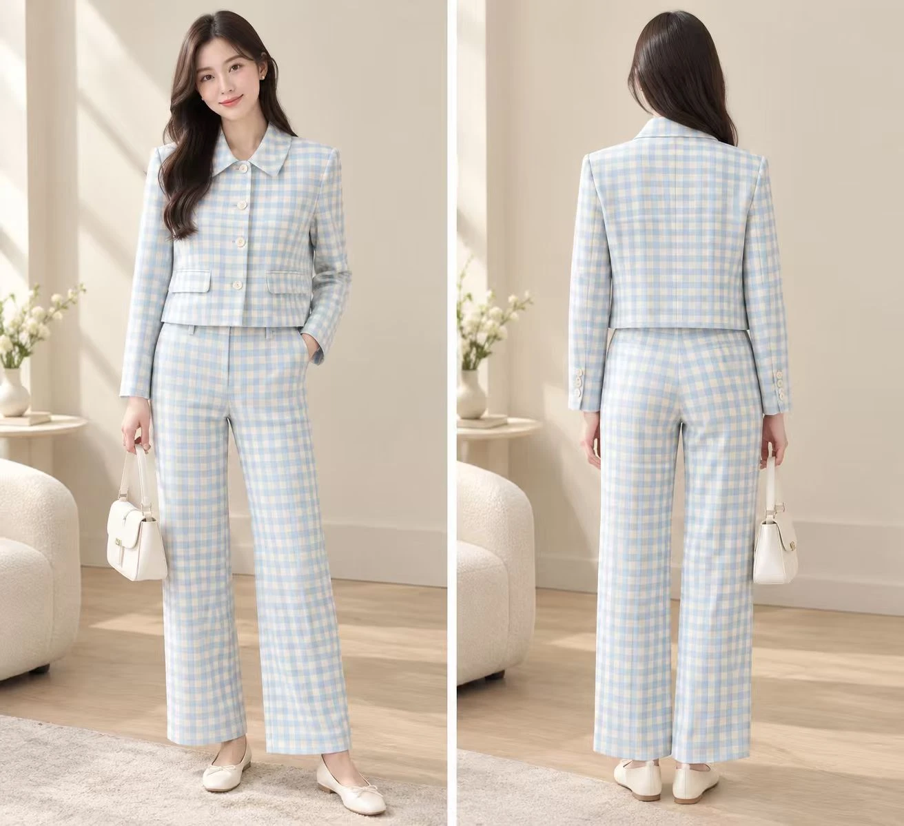 Blue and White Top and Pants Set